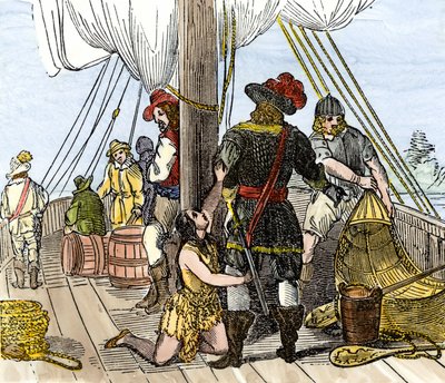 Ureinwohner Amerikas: Indianer. Pocahontas gefangen an Bord eines Schiffes von Jamestown. Farbige Gravur des 19. Jahrhunderts. von Unbekannter Künstler