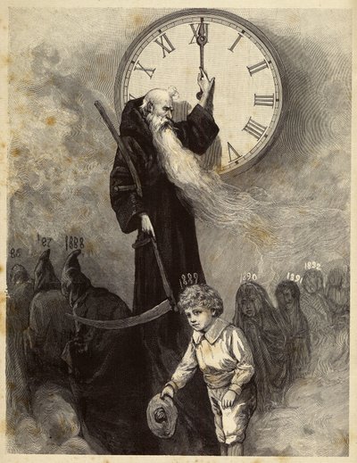 Neujahrsallegorie 1889, die ein altes Gewölbe darstellt, das das alte Jahr symbolisiert, das einem lächelnden kleinen Jungen Platz macht, der das neue Jahr symbolisiert. Die Zeit schaut auf die Szene, indem sie die Zeiger einer Uhr dreht. Gravur aus dem 19 von Unbekannter Künstler