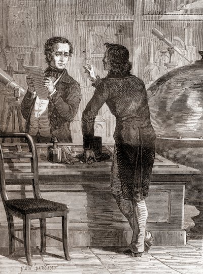 Nicéphore Niépce, noch unbekannt und arm, im optischen und Instrumentengeschäft von Charles Chevalier, aus Les Merveilles de la Science, veröffentlicht um 1870 (Gravur) von Unbekannt