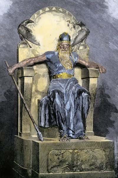 Nordische Mythologie: Darstellung der Gottheit Wotan (Odin) (Farbstich des 19. Jahrhunderts) von Unbekannter Künstler