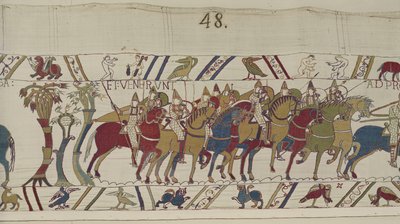 Normannische Soldaten verlassen Hastings, um gegen Harold zu kämpfen, Teppich von Bayeux (Wollstickerei auf Leinen) von Unbekannt