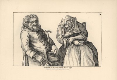 Der alte Darby mit leerem Krug und Joan mit ihrer Tabakspfeife. Kupferstich nach einer satirischen Illustration von Timothy Bobbin (John Collier) aus Human Passions Delineated, John Haywood, Manchester. von Unbekannter Künstler