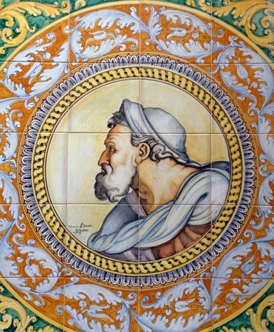 Bemalte Majolika-Tafel, die den Kopf eines alten Mannes im Stil von Michelangelo darstellt, hergestellt von Ceramiche Desuir, Santo Stefano di Camastra, Sizilien, Italien, Detail von William M. Timlin