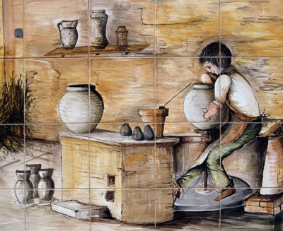 Bemalte Majolika-Tafel, die eine Töpferszene darstellt, handgefertigt von Ceramiche Desuir, Santo Stefano di Camastra, Sizilien, Italien, Detail von William M. Timlin