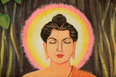 Gemälde, das die Lebensgeschichte von Shakyamuni Buddha darstellt. Wat Naxai. Vientiane, Laos von Unbekannt