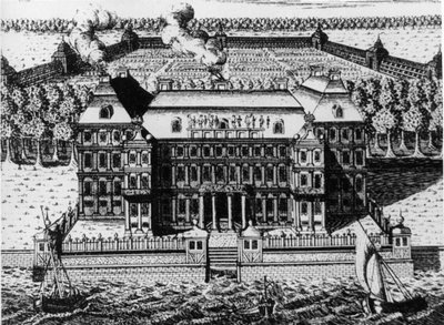 Palast von A. Menshikov auf der Wassiljewski-Insel: Eines der ersten Gebäude in St. Petersburg (1711-1716), Gravur von A. Zubov (1717), Russland von Unbekannt