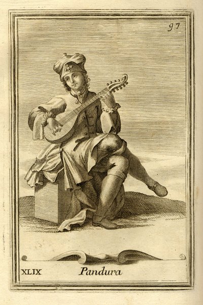 Pandura-Saiteninstrument byzantinischen Ursprungs, Vorläufer der Mandoline. Im „Gabinetto Armonico“ von Filippo Bonanni, Rom von Unbekannter Künstler