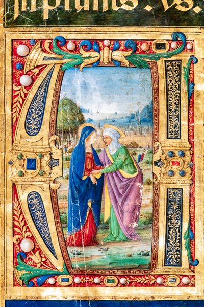 Piccolomini-Bibliothek: Chorbuch, Cod. 14.P., ff. 2r mit „Die Heimsuchung von Maria und St. Elisabeth, von Giovanni di Giuliano Boccardi, bekannt als Boccardino der Ältere. (Detail) von Unbekannter Künstler