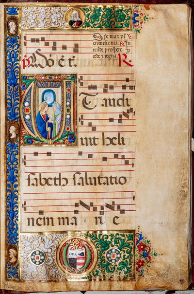 Piccolomini-Bibliothek: Chorbuch, cod. 14.P., ff. 46r mit Maria und St. Elisabeth, von Giovanni di Giuliano Boccardi, bekannt als Boccardino der Ältere von Unbekannter Künstler