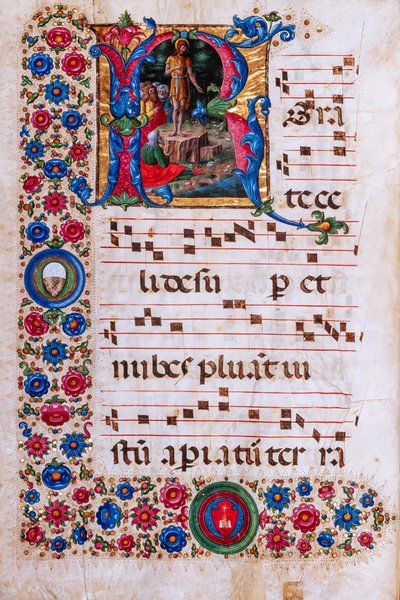 Piccolomini-Bibliothek: Chorbuch, cod. 18.3, ff. 45v mit „Predigt des Heiligen Johannes des Täufers“, von Girolamo da Cremona von Unbekannter Künstler