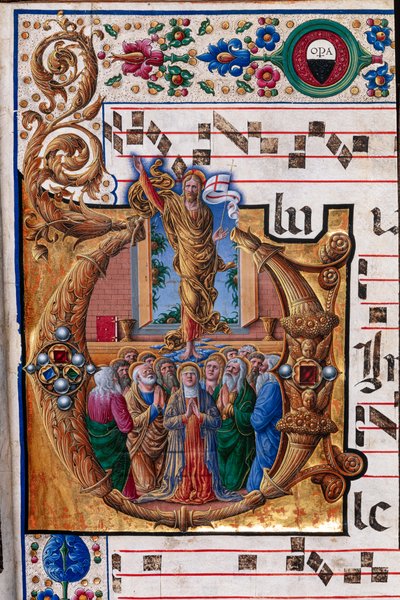 Piccolomini-Bibliothek: Chorbuch, cod. 23.8, ff. 66r mit „Christi Himmelfahrt“ (Detail) von Unbekannter Künstler