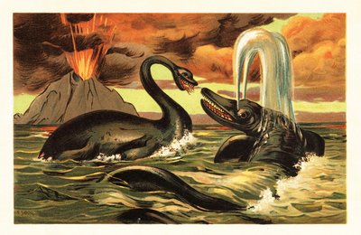 Plesiosaurus und Ichthyosaurus kämpfen vor einem ausbrechenden Vulkan von Unbekannter Künstler