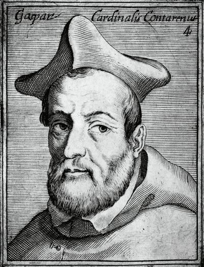 Porträt von Gasparo Contarini (1483-1542), italienischer Kardinal und Bischof, Gravur aus Illustrissimorum, omnique virtutis, et scientiarum laude praestantissimoru virorum icones, von Claudius Pernetus von William M. Timlin