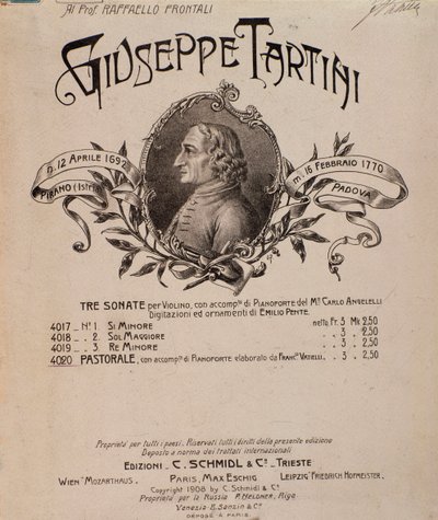 Porträt von Giuseppe Tartini. Frontispiz der Partitur der Sonaten von Unbekannter Künstler