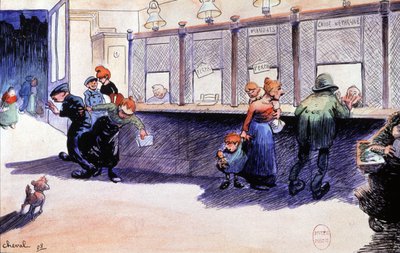 Postamt in Paris mit Schaltern, Aquarell von Cheval von Unbekannter Künstler