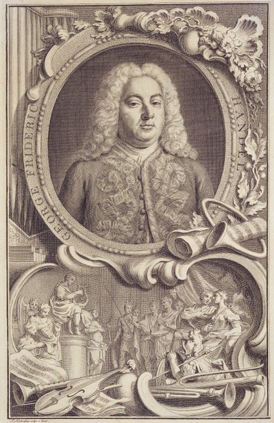 George Frederick Handel (1685-1759), Frontispiz zu "Israel in Egypt", graviert von Jacobus Houbraken (1698-1780) von Unbekannter Künstler
