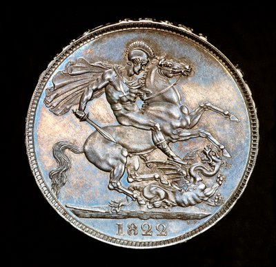 Seltene britische Münze, König George IV, Proof-Silberkrone, Schutzpatron von England zu Pferd mit Schwert, bereit den Drachen zu töten, Stempel von Benedetto Pistrucci von Unbekannter Künstler