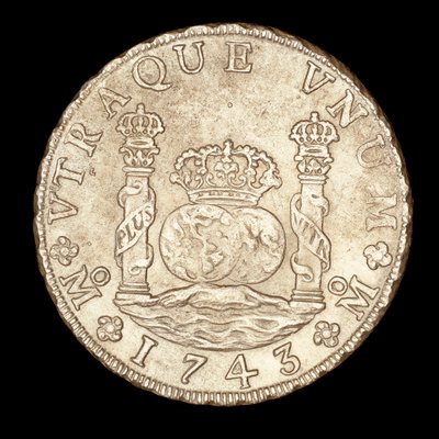Seltene Silbermünze, Spanisch-Amerika König Ferdinand VI, 8 Reale, Säulen des Herkules an der Straße von Gibraltar mit Globus, Krone von Unbekannter Künstler