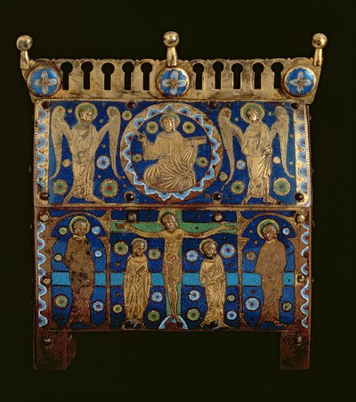 Reliquienschrein, dekoriert mit Emailleplatten, die die Kreuzigung und die Apotheose Christi darstellen, Französisch, hergestellt in Limoges von Unbekannt
