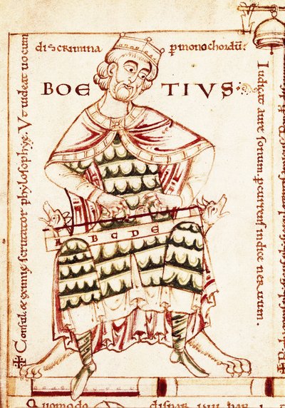 Darstellung des lateinischen Philosophen Boethius (Anicius Manlius Severinus Boetius) (480-524) mit einem Musikinstrument (musikalische Studie). Miniatur aus einem Manuskript aus Canterbury. von Unbekannt