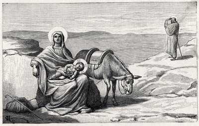 Ruhe während der Flucht nach Ägypten. Alphabet des Jesuskindes. Ausgabe von 1932. Holzschnitte signiert H G. Private Sammlung von Unbekannt