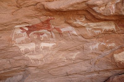 Felskunst, Vorgeschichte: Malerei eines Viehbestands in einem verzierten Schutzraum im Uweinat-Massiv, Sudan (Karkur-Talh oder Karkur Talh). Zeitraum von 8000 bis 3000 Jahre v. Chr. Fotografie von Unbekannt