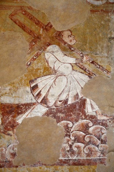 Romanische Kunst: Simon von Cyrene trägt das Kreuz Christi. Detailansicht der Fresken des Chors La vie du Christ (13. Jahrhundert) aus der Kirche Saint Martin von Unbekannter Künstler