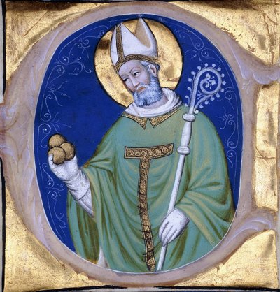 Heiliger Nikolaus von Myra, historiierte Initiale "C", aus einem illuminierten Chorbuch auf Pergament, ca. 1400 von Unbekannt
