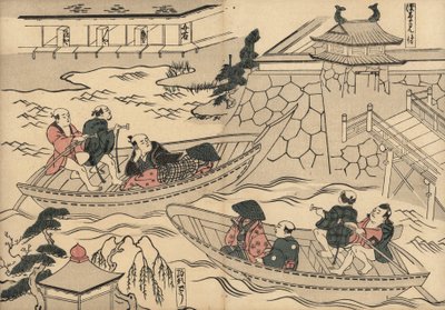 Samurai überquert den Fluss (bei Akasaka Mitsuke) in einem Boot auf dem Weg zu den Vergnügungsvierteln von Yoshiwara. Holzschnitt von Masanobu Okumura (1686-1764) aus Fuzoku Emakimono, Bildrolle des Wasserhandels, Tokio, Nachdruck um 1880 von Unbekannter Künstler