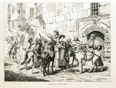 Satirische Zeichnung, die westliche Touristen umgeben von Eseln und ihren Treibern darstellt - Illustration aus dem Atlas von Ägypten von Unbekannt