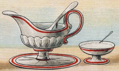 Sauciere und Zuckerdose. Gravur in "Alphabet de ma petite fille". Bernardin-Bechet und Fils, Buchhändler-Verleger, Paris, um 1895. von Unbekannt