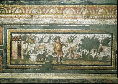 Szene eines Ziegenhirten mit seinen Ziegen, Detail des Randes eines Mosaikpflasters, das die Jahreszeiten und Jagdszenen darstellt, aus der konstantinischen Villa in Daphne, römisch, ca. 325-330 n. Chr. von Unbekannt