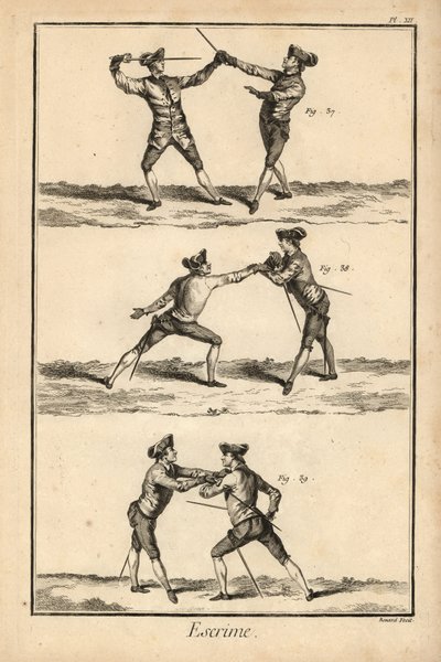 Zweite Position des Entwaffnens in Terz, Entwaffnung auf der Karte oder zweite Stoß, und zweite Position des Entwaffnens auf der Karte. Kupferstichgravur von Robert Benard aus dem Fechtabschnitt von Denis Diderots Enzyklopädie, Pellet, Genf von Unbekannter Künstler