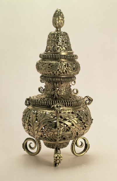 Vergoldetes Silber-Räuchergefäß mit Piqué-Arbeit, von Meister I.B., London von Unbekannt