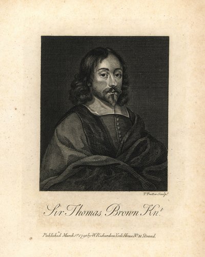 Sir Thomas Brown, englischer Universalgelehrter und Schriftsteller über Wissenschaft, Medizin, Religion und Esoterik, gestorben 1682. Kupferstich aus William Richards