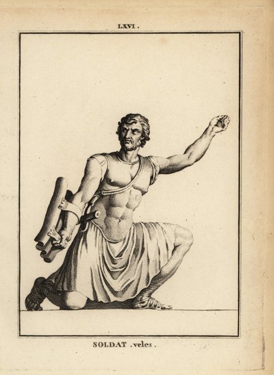 Statue eines römischen Soldaten, Velites oder leichte Infanterie, mit Kurzschwert Gladius, Holzschild Parma von Unbekannt