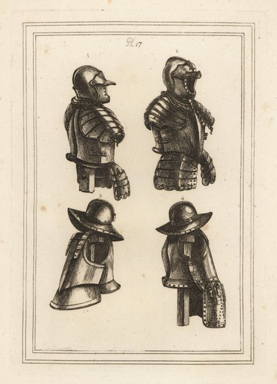 Rüstung mit Lanzenhalter, offener Helm, Arkebusenrüstung und Arkebusenrüstung mit langen Oberschenkelschienen von Unbekannt