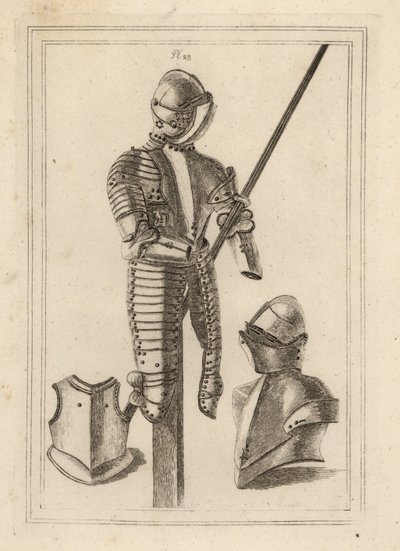 Turnierrüstung mit großem Schutz und Lanzenhalter aus dem Tower of London 1, Helm und großer Schutz 2, Bruststück eines Kürasses 3 von Unbekannt