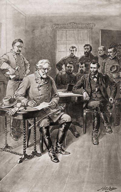 Kapitulation von Robert E. Lee vor General Ulysses S. Grant, Appomattox Court House, Virginia, am 9. April von Unbekannter Künstler