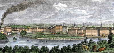 Textilfabriken entlang der Flüsse Merrimack (Merrimac) und Concord, Lowell, Massachusetts, USA in den 1830er Jahren. Farbiger Stich des 19. Jahrhunderts von Unbekannter Künstler
