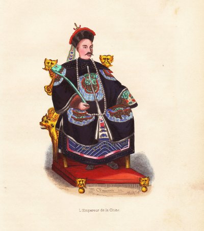 Der Kaiser von China in bestickten Roben und Hut mit Pfauenfeder auf seinem Thron sitzend. Handkolorierter Holzschnitt von Mercier nach einer Illustration von Pannemaker aus Auguste Wahlen