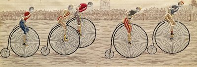 Die letzte Runde, Penny Farthing Rennen gewebte Seide Stevengraph, von Thomas Stevens aus Coventry von Unbekannter Künstler