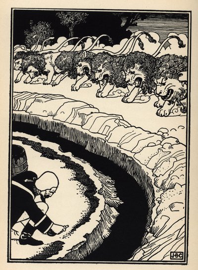 Der Baron verteidigt sich gegen den Angriff von Löwen, indem er Schießpulver anzündet. Illustration von William Strang (1859-1921) und JB Clark aus „Die Abenteuer des Baron von Münchhausen“ von Rudolf Erich Raspe (1736-1794) (1789) von Unbekannt