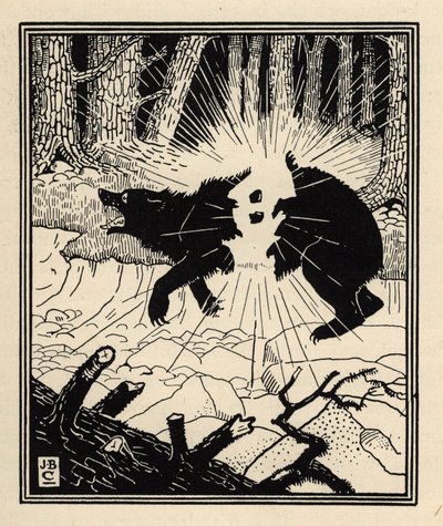 Der Baron sprengt einen Schwarzbären mit zwei Feuersteinen. Illustration von William Strang (1859-1921) und JB Clark aus „Die Abenteuer des Baron von Münchhausen“ von Rudolf Erich Raspe (1736-1794) (1789) von Unbekannt