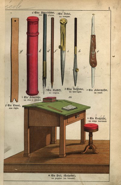 Die Werkzeuge der Schule: das Lineal, die Federn und ihr Etui, der Zirkel, der Bleistift und der Bleistiftspitzer. Tafel aus einem deutsch-französischen Kinderwörterbuch von Unbekannt