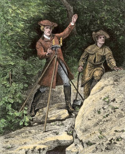 Der junge George Washington (1732-1799) arbeitet als Geometer in Virginia (Farbstich des 19. Jahrhunderts) von Unbekannter Künstler