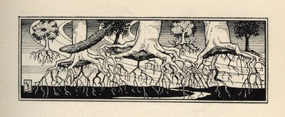 Bäume, die durch einen Sturm entwurzelt wurden, pflanzen ihre Wurzeln genau an der Stelle wieder ein, an der sie waren. Illustration von William Strang (1859-1921) und JB Clark aus „Die Abenteuer des Baron von Münchhausen“ von Rudolf Erich Raspe (1736-1794 von Unbekannt