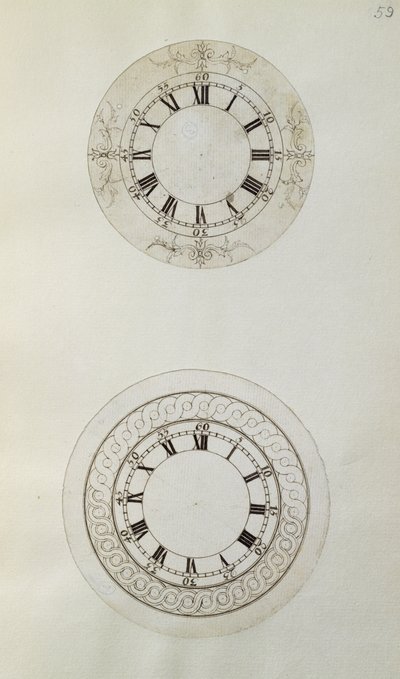 Zwei Entwürfe für große Emaille-Uhrzifferblätter, aus mechanischen Notizen und Zeichnungen von John Harrison (1693-1776) und seinem Sohn William (ca. 1726-72) von Unbekannt