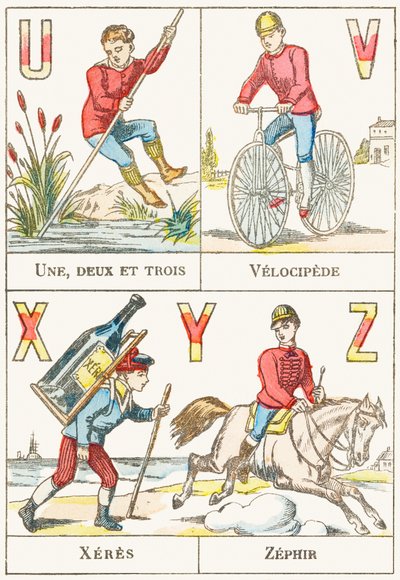 U V X Y Z ; U : Eins, zwei und drei ; V : Veloziped ; X : Xeres ; Z : Zephir - Spiele-Alphabet, ca. 1890 (Gravur) von Unbekannt