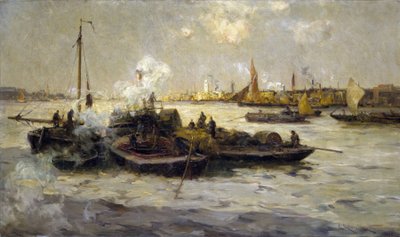 Ansicht von Limehouse, England, mit einer Beschreibung der Industrialisierung der Themse am Ende der viktorianischen Ära (spätes 19. Jahrhundert) und von Schleppern, Kuttern und Lastkähnen, im Hintergrund der Weiße Turm von St. George. von Unbekannter Künstler